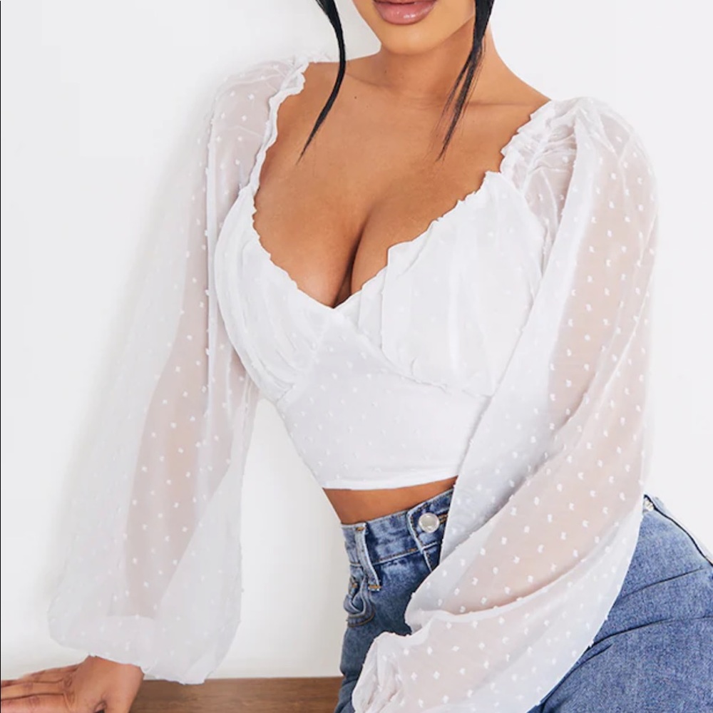 “Pretty LittleThing” White “Dobby” Chiffon crop top